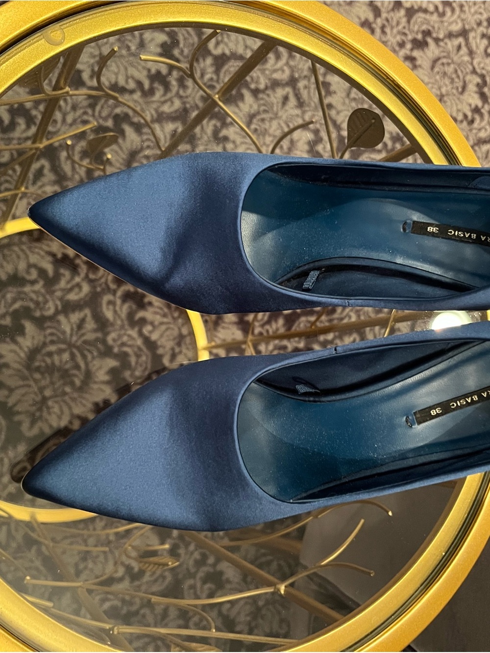 Zara Navy Satin Pointed-Toe Pumps